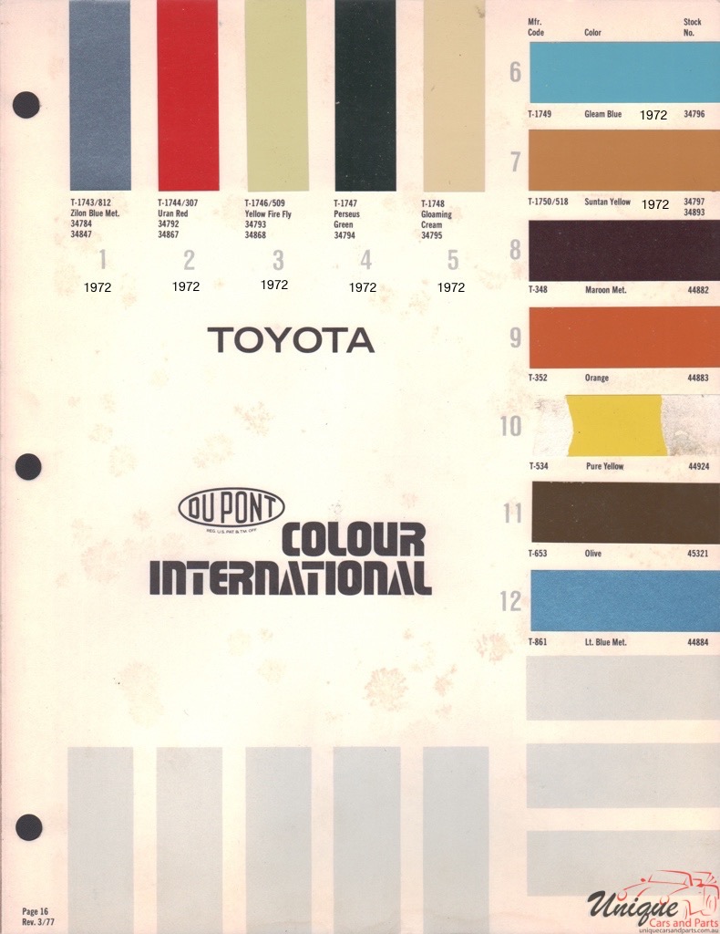 1972 Toyota International Paint Charts DuPont 8